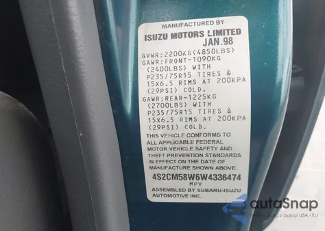 1998 Isuzu Rodeo Ls/S z USA, uszkodzony, nr VIN 4S2CM58W6W4336474